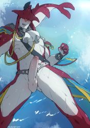Rule 34 | 1boy, blush, erection, highres, male focus, mugheyart, muscular, nintendo, nude, ocean, outdoors, penis, sidon, smile, solo, testicles, the legend of zelda, the legend of zelda: breath of the wild, wet