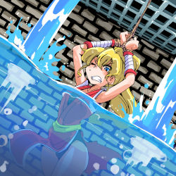 Rule 34 | 1girl, armpits, arms up, bdsm, blonde hair, blue eyes, blush, bondage, bound, bound arms, breasts, cowboy shot, final fight, fingerless gloves, genryuusai maki, gloves, leotard, long hair, ninja, open mouth, partially submerged, partially underwater shot, peril, ponytail, shinapuu, sleeveless, small breasts, solo, underwater