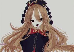 Rule 34 | 1girl, :d, black dress, blonde hair, chinese clothes, dress, eyes visible through hair, grey background, hair between eyes, hat, junko (touhou), long hair, long sleeves, looking at viewer, open mouth, red eyes, shion 343, simple background, smile, solo, tabard, teeth, tongue, touhou, upper body, very long hair, wide sleeves