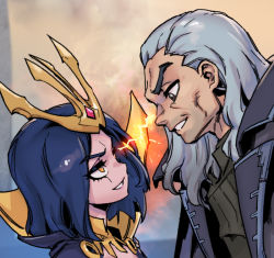Rule 34 | 1boy, 1girl, black coat, black eyes, blue hair, coat, eye contact, gradient background, grey hair, grin, hair ornament, hair slicked back, height difference, league of legends, leblanc (league of legends), long hair, looking at another, medium hair, multicolored background, open clothes, open coat, orange eyes, phantom ix row, rivalry, smile, swain (league of legends), teeth
