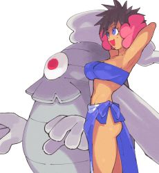 Rule 34 | 1girl, :3, armpits, arms behind head, ass, bandeau, blue eyes, breasts, brown hair, creatures (company), cyclops, dark-skinned female, dark skin, dusclops, flower, flower on head, from side, game freak, gen 3 pokemon, ghost, hibiscus, inkerton-kun, large breasts, legs, navel, nintendo, one-eyed, open mouth, phoebe (pokemon), pokemon, pokemon (creature), pokemon rse, red eyes, sarong, short hair, smile, spiked hair, strapless, thighs, toned, tube top, white background