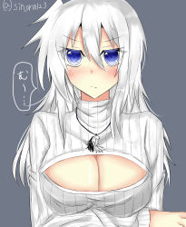 Rule 34 | 1girl, absurdres, blue background, blue eyes, blush, breast hold, breasts, character name, cleavage, cleavage cutout, clothing cutout, highres, jewelry, kuro wa shinoru, large breasts, long hair, looking at viewer, meme attire, necklace, open-chest sweater, original, simple background, solo, sweater, translation request, white hair