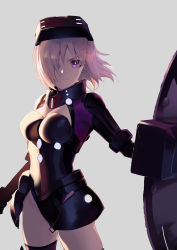 Rule 34 | 1girl, armored leotard, black gloves, black leotard, breasts, closed mouth, fate/grand order, fate (series), floating hair, gloves, grey background, hair over one eye, head-mounted display, highres, holding, leotard, looking at viewer, mash kyrielight, mash kyrielight (ortenaus), medium breasts, purple eyes, purple hair, purple thighhighs, shield, simple background, solo, soupchan, thighhighs, v-shaped eyebrows, wind