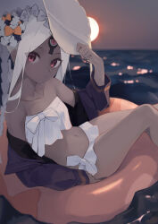 Rule 34 | 1girl, abigail williams (fate), abigail williams (swimsuit foreigner) (fate), absurdres, arm up, bikini, blurry, blurry background, closed mouth, collarbone, commentary, dark-skinned female, dark skin, depth of field, fate/grand order, fate (series), feet out of frame, hand on headwear, highres, horizon, innertube, jacket, long hair, long sleeves, looking at viewer, ocean, off shoulder, open clothes, open jacket, paopaojiu, puffy long sleeves, puffy sleeves, purple jacket, red eyes, solo, strapless, strapless bikini, sun, sunset, swim ring, swimsuit, symbol-only commentary, water, white bikini, white hair, white headwear