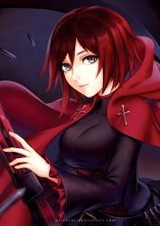 Rule 34 | 1girl, artist name, breasts, cape, cross, eyebrows, grey eyes, light smile, lips, looking at viewer, parted bangs, pricey, red hair, ruby rose, rwby, scythe, shell casing, short hair, solo, star (symbol), starry background, watermark, weapon, web address