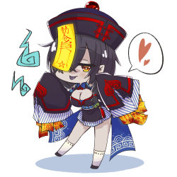 Rule 34 | 1girl, black hair, black hat, blush, breasts, caiyun, chibi, cleavage, cleavage cutout, clothing cutout, colored tongue, commentary request, crossed bangs, dress, full body, hair between eyes, hat, heart, hitodama, jiangshi, large breasts, long hair, looking at viewer, mirror (game), ofuda, orange eyes, pale skin, purple tongue, qingdai guanmao, short dress, shoulder cutout, simple background, sleeves past fingers, sleeves past wrists, smile, socks, solo, spoken heart, swscout1222, tongue, tongue out, white background, white socks