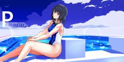 Rule 34 | 1girl, bad id, bad pixiv id, barefoot, black hair, blue eyes, blue sky, breasts, cloud, competition swimsuit, cover, cover page, day, feet out of frame, goggles, goggles around neck, hands on own knees, highleg, highleg swimsuit, lens flare, looking at viewer, medium breasts, one-piece swimsuit, original, outdoors, pool, sakuraidai, short hair, sitting, sky, solo, starting block, swimsuit, two-tone swimsuit, wet, wet clothes, wet swimsuit