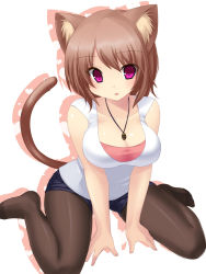 Rule 34 | 1girl, animal ears, arm support, bad id, bad pixiv id, between thighs, black pantyhose, breasts, brown hair, cat ears, cat girl, cat tail, cleavage, collarbone, feet, female focus, jewelry, kneeling, large breasts, necklace, open mouth, original, pantyhose, pantyhose under shorts, purple eyes, shirt, short shorts, shorts, simple background, sitting, solo, tail, taut clothes, taut shirt, tsukumiya amane, wariza