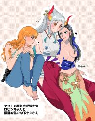 Rule 34 | 3girls, ahoge, akmn, arrow (symbol), artist request, bare arms, bare shoulders, barefoot, bikini, bikini top only, black hair, blue eyes, blue hair, blush, bra, bracelet, breasts, closed mouth, collarbone, collared jacket, cropped jacket, curled horns, denim, earrings, facing another, flower, flower print, flustered, flying sweatdrops, gradient hair, gradient horns, green hair, grey hair, hair ornament, hair stick, hakama, hand up, happy, heart, height difference, high collar, high ponytail, highres, hip vent, horns, jacket, japanese clothes, japanese text, jeans, jewelry, kanji, kimono, knees up, large breasts, lips, long hair, looking at another, looking at breasts, looking down, matching hair/eyes, medium breasts, midriff, multicolored hair, multicolored horns, multiple girls, nami (one piece), navel, nico robin, no bra, on lap, on person, one piece, oni, orange eyes, orange hair, orange horns, pants, partially unzipped, plunging neckline, ponytail, red hakama, red horns, rope, rope belt, sarong, short sleeves, shy, side-by-side, sideboob, sitting, sitting on lap, sitting on person, sleeveless, sleeveless kimono, smile, stomach, swimsuit, tall female, toes, translation request, two-tone hair, underwear, wavy mouth, white hair, yamato (one piece), yellow horns, yuri, zipper