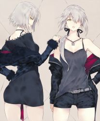 Rule 34 | 2girls, adapted costume, arm at side, artoria pendragon (all), artoria pendragon (fate), back, bare shoulders, belt, black dress, black jacket, black ribbon, black shorts, breasts, camisole, casual, choker, collarbone, cowboy shot, d:, dress, eyelashes, fate/grand order, fate (series), fur-trimmed jacket, fur trim, grey hair, grin, hair over one eye, hair over shoulder, hair ribbon, hand on another&#039;s shoulder, hand on own hip, highres, jacket, jeanne d&#039;arc (fate), jeanne d&#039;arc (ruler) (fate), jeanne d&#039;arc alter (fate), jeanne d&#039;arc alter (ver. shinjuku 1999) (fate), jewelry, legs apart, long sleeves, looking at viewer, looking back, low ponytail, medium breasts, microdress, multiple girls, necklace, official alternate costume, one eye covered, open clothes, open jacket, open mouth, pendant, ponytail, ribbon, ring, saber (fate), saber alter, saber alter (ver. shinjuku 1999) (fate), see-through, short dress, short shorts, shorts, sideways glance, skin tight, skirt, smile, strapless, strapless dress, tokopi, tube dress, yellow eyes