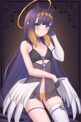 Rule 34 | 1girl, angel wings, animal ears, asymmetrical gloves, bare shoulders, black bra, black gloves, blue eyes, blunt bangs, blush, bra, breasts, closed mouth, commentary, detached sleeves, gloves, gradient hair, half gloves, halo, highres, hololive, hololive english, long hair, looking at viewer, low wings, mole, mole under eye, multicolored hair, navel, ninomae ina&#039;nis, orange hair, panties, purple hair, shellvi, single detached sleeve, single thighhigh, skindentation, small breasts, smile, solo, tentacle hair, thighhighs, underwear, uneven gloves, very long hair, virtual youtuber, white thighhighs, white wings, wings, yellow panties
