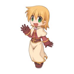 Rule 34 | 1girl, :d, acolyte (ragnarok online), anes (ragnarok online), blonde hair, brown footwear, brown gloves, brown shirt, capelet, chibi, chibi only, full body, gloves, green eyes, hair between eyes, long sleeves, looking at viewer, mary janes, official art, open mouth, ragnarok online, shirt, shoes, short hair, simple background, skirt, smile, solo, standing, transparent background, waving, white capelet, white skirt, yuichirou