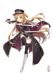 Rule 34 | 1girl, :d, armored boots, asuna (sao), belt, black hat, black jacket, black thighhighs, boots, braid, breasts, brown eyes, brown hair, collared shirt, commentary request, full body, gabiran, gloves, hair between eyes, hat, highres, holding, holding sword, holding weapon, jacket, knee boots, long sleeves, medium breasts, necktie, open mouth, parted bangs, peaked cap, ponytail, red necktie, sheath, shirt, simple background, smile, solo, standing, standing on one leg, sword, sword art online, thighhighs, thighhighs under boots, thighs, unsheathed, weapon, white background, white belt, white gloves, white shirt