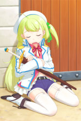 Rule 34 | 1girl, ahoge, belt, crossed arms, closed eyes, fki, frills, garter straps, green hair, hair ribbon, hat, holding, long hair, lowres, midriff, navel, open mouth, ribbon, shorts, side ponytail, sitting, sleeping, sleeves past wrists, solo, sword, sword girls, thighhighs, very long hair, wariza, weapon, white thighhighs