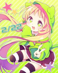 Rule 34 | 1girl, :3, :d, absurdres, aizaki utau, animal hood, bad id, bad twitter id, black skirt, blonde hair, brooch, commentary request, doushite watashi ga bijutsuka ni!?, green eyes, green hoodie, halftone, highres, hishikawa suigyoku, hood, hood up, hoodie, jewelry, long hair, long sleeves, looking at viewer, open mouth, skirt, sleeves past wrists, smile, solo, star (symbol), striped clothes, striped thighhighs, thighhighs, twintails, v, v-shaped eyebrows, very long hair