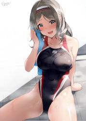 Rule 34 | 1girl, black one-piece swimsuit, blue towel, breasts, collarbone, commentary request, competition swimsuit, cowboy shot, girls&#039; frontline, grey eyes, grey hair, hairband, highleg, highleg swimsuit, highres, k3 (girls&#039; frontline), large breasts, long hair, looking at viewer, md5 mismatch, medium hair, one-piece swimsuit, resolution mismatch, shirosaba, simple background, sitting, smile, solo, source larger, sweat, swimsuit, towel, white background, white hairband