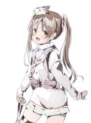 Rule 34 | 1girl, :d, adapted costume, blush, brown eyes, brown hair, commentary, dark-skinned female, dark skin, dress, kantai collection, libeccio (kancolle), mittens, open mouth, ribbed sweater, sailor dress, simple background, smile, solo, sumisu (mondo), sweater, teeth, thigh strap, turtleneck, turtleneck sweater, white background, winter clothes