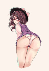 Rule 34 | 1girl, ass, bad id, bad pixiv id, bare legs, beige background, black hat, blush, bow, brown-framed eyewear, brown eyes, brown hair, colored eyelashes, commentary request, cowboy shot, cropped legs, datee, fedora, from behind, glasses, hat, hat bow, highres, long hair, looking back, miniskirt, panties, pantyshot, parted lips, plaid, plaid skirt, plaid vest, purple skirt, purple vest, shiny skin, shirt, simple background, sketch, skirt, skirt set, solo, standing, swept bangs, thighs, touhou, underwear, upskirt, usami sumireko, vest, wavy mouth, white bow, white panties, white shirt