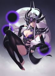 Rule 34 | 1girl, armor, barefoot, black gloves, black nails, black thighhighs, breasts, citemer, cleavage, feet, fingerless gloves, gloves, gradient background, league of legends, liuruoyu8888, long hair, looking at viewer, nail polish, purple eyes, smile, solo, syndra, thighhighs, toeless legwear, toes, white hair
