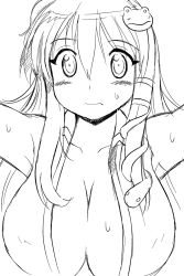 Rule 34 | 1girl, blush, breasts, cleavage, frog hair ornament, gomamiso (gomamiso sp), greyscale, hair ornament, highres, huge breasts, kochiya sanae, long hair, looking at viewer, monochrome, nude, simple background, snake hair ornament, solo, sweat, touhou, upper body, wavy mouth, white background