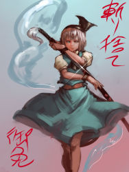 Rule 34 | 1girl, black hairband, blue background, blue eyes, blue skirt, blue vest, closed mouth, feet out of frame, glint, gradient background, grey hair, hairband, holding, holding sword, holding weapon, inishie kumo, katana, konpaku youmu, konpaku youmu (ghost), looking at viewer, puffy short sleeves, puffy sleeves, purple background, scabbard, sheath, shirt, short sleeves, skirt, solo, sword, touhou, translation request, vest, walking, weapon, white shirt, wind, wind lift