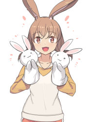 Rule 34 | &gt; &lt;, 1girl, :3, :d, > <, animal ears, brown eyes, brown hair, fang, hand puppet, hands up, highres, hood, hood down, hoodie, long sleeves, looking at viewer, low twintails, medium hair, open mouth, original, puppet, rabbit ears, rabbit girl, saiste, simple background, skin fang, smile, solo, twintails, upper body, white background, x3