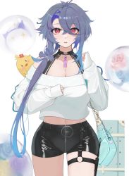 Rule 34 | 1girl, ahoge, animal, animal on shoulder, azur lane, bag, bare shoulders, belt, black choker, breasts, bubble, choker, cleavage, collarbone, commentary, cowboy shot, cropped sweater, crossed bangs, ctct (sfda3237), foch (azur lane), foch (rainbow rendezvous) (azur lane), glint, grey hair, hair between eyes, hair ornament, hair over shoulder, handbag, hands up, high-waist shorts, highres, holster, knife sheath, knife sheath, large breasts, latex shorts, long hair, looking at viewer, manjuu (azur lane), midriff, multicolored hair, navel, navel piercing, o-ring, o-ring belt, off-shoulder sweater, off shoulder, official alternate costume, parted lips, piercing, purple hair, red eyes, sheath, shorts, sidelocks, simple background, skindentation, standing, suitcase, sweater, thigh holster, white background, white sweater