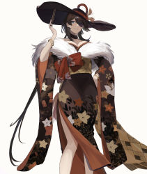Rule 34 | absurdres, arm strap, azur lane, bare shoulders, black headwear, blue eyes, breasts, brown hair, brown kimono, brown sleeves, cleavage, collarbone, eyepatch, folded fan, folding fan, fur-trimmed kimono, fur trim, georgia (azur lane), georgia (exalted vibrance) (azur lane), hand fan, hand on own hip, heterochromia, highres, japanese clothes, kimono, large breasts, looking at viewer, official alternate costume, platform footwear, simple background, solo, user rswv5528, white background