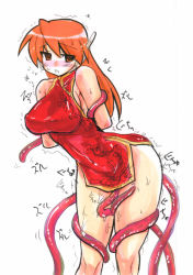 Rule 34 | 1girl, android, blush, breasts, brown eyes, china dress, chinese clothes, covered erect nipples, dress, kikuta, large breasts, orange hair, pussy juice, robot ears, serio (to heart), simple background, solo, tentacles, tentacles under clothes, to heart, to heart (series), trembling
