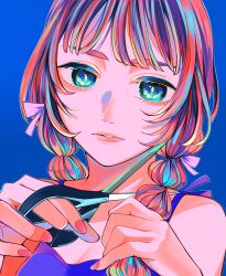 Rule 34 | 1girl, absurdres, blue background, blue eyes, blue shirt, braid, brown hair, cutting hair, cutting own hair, highres, holding, holding scissors, looking at viewer, original, pink nails, portrait, richard-kun, scissors, shirt, simple background, solo, twin braids, upper body
