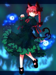 Rule 34 | 1girl, animal ears, bow, braid, cat ears, cat girl, cat tail, dress, extra ears, female focus, green dress, hair bow, hair ornament, hair ribbon, kaenbyou rin, kamome, long hair, multiple tails, no socks, orange eyes, pointy ears, red eyes, red hair, ribbon, short hair, skull, smile, solo, tail, touhou, twin braids, twintails