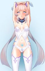 Rule 34 | 1girl, armpits, arms up, blue background, blue eyes, blush, bow, breasts, cowboy shot, genshin impact, gluteal fold, gradient background, gradient hair, highres, kanzaki muyu, long hair, looking at viewer, medium breasts, multicolored hair, navel, open mouth, panties, pink hair, pubic tattoo, sangonomiya kokomi, solo, tattoo, thighhighs, twintails, underwear, very long hair, white thighhighs