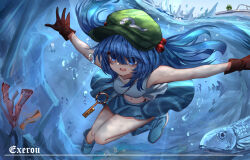 Rule 34 | 2girls, absurdres, blue eyes, blue footwear, blue hair, blue skirt, boat, boots, breasts, brown gloves, bubble, commentary request, coral, flat cap, gloves, green headwear, hair bobbles, hair ornament, hat, highres, kappa mob (touhou), kawashiro nitori, key, medium breasts, medium hair, multiple girls, navel, open mouth, outstretched arms, rubber boots, skirt, solo focus, teeth, top-exerou, touhou, two side up, underwater, upper teeth only, watercraft