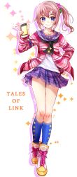 Rule 34 | 1girl, blue eyes, blush, cellphone, copyright name, pink hair, sara (tales), shoes, short hair, side ponytail, skirt, smile, socks, tales of (series), tales of link