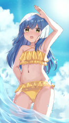 1girl :o absurdres androgynous arm_up armpits bikini blue_hair blue_sky cloud collarbone cowboy_shot criss-cross_halter day flat_chest frilled_bikini frills gluteal_fold hair_between_eyes halterneck highres hituji03-24 long_hair looking_at_viewer open_mouth outdoors rimuru_tempest sky smile solo straight_hair sun swimsuit tensei_shitara_slime_datta_ken very_long_hair wading yellow_bikini yellow_eyes