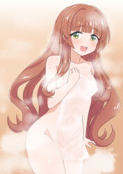 Rule 34 | 1girl, blunt bangs, blush, breasts, brown hair, commentary request, covering privates, cowboy shot, green eyes, helena (kancolle), highres, junes, kantai collection, long hair, looking at viewer, medium breasts, naked towel, nude, nude cover, open mouth, simple background, solo, steam, teeth, towel, upper teeth only, very long hair, white background