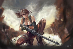 Rule 34 | 1girl, bikini, blue sky, boots, breasts, brown hair, canyon, cleavage, collarbone, front-tie bikini top, front-tie top, full body, gloves, gun, highres, koloromuj, long hair, looking at viewer, metal gear (series), metal gear solid v: the phantom pain, navel, on one knee, outdoors, pantyhose, ponytail, quiet (metal gear), rifle, scope, sky, sniper rifle, solo, squatting, suspenders, swimsuit, torn clothes, torn pantyhose, weapon
