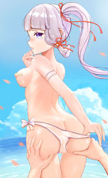 Rule 34 | 1girl, ass, ass grab, ayaka (genshin impact), back, bad id, bad pixiv id, bandaid, bandaids on nipples, bare shoulders, beach, blue eyes, blue sky, blunt bangs, bow, bow panties, breasts, butt crack, covered erect nipples, genshin impact, groping, hair ribbon, highres, looking at viewer, looking back, medium breasts, mole, mole under eye, ocean, open mouth, panties, pasties, ponytail, pov, red ribbon, ribbon, sideboob, sky, solo focus, swimsuit, tears, topless, underwear, white hair, white panties