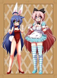 Rule 34 | 2girls, :d, ahoge, alice (alice in wonderland), alice (alice in wonderland) (cosplay), alice in wonderland, argyle, argyle background, argyle clothes, bad id, bad pixiv id, blue hair, blush, border, bow, breasts, cleavage, cosplay, covered navel, dress, glasses, green eyes, hair bow, highres, izumi konata, large breasts, leotard, long hair, looking at viewer, lucky star, mizushima (p201112), mole, mole under eye, multiple girls, open mouth, pink hair, playboy bunny, purple eyes, rabbit tail, small breasts, smile, striped clothes, striped legwear, striped thighhighs, tail, takara miyuki, thighhighs, very long hair