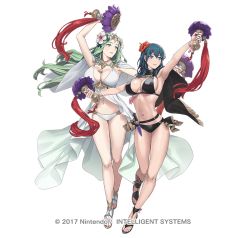 Rule 34 | 2girls, armpits, arms up, bare shoulders, belt, bikini, black bikini, black capelet, blue eyes, blue hair, blush, breasts, byleth (female) (fire emblem), byleth (female) (summer) (fire emblem), byleth (fire emblem), capelet, circlet, cleavage, collarbone, cuboon, dagger, detached collar, fire emblem, fire emblem: three houses, fire emblem heroes, flower, green eyes, green hair, hair flower, hair ornament, jewelry, knife, large breasts, legs, long hair, looking to the side, medium hair, multiple girls, navel, necklace, nintendo, official alternate costume, official art, parted bangs, rhea (fire emblem), sandals, simple background, smile, swimsuit, weapon, white bikini