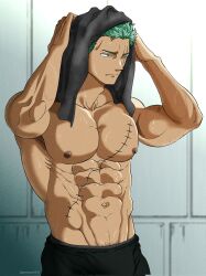 Rule 34 | 1boy, abs, bara, bulge, cowboy shot, drying, drying hair, green hair, highres, large pectorals, long sideburns, looking ahead, male focus, male pubic hair, muscular, muscular male, navel, nipples, one piece, pectorals, pinattsu, pubic hair, pubic hair peek, roronoa zoro, scar, scar across eye, short hair, sideburns, solo, stomach, topless male, wet
