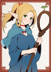 Rule 34 | 1girl, blonde hair, blue capelet, blue robe, blush, bow, breasts, capelet, choker, cleavage, closed mouth, commentary request, dungeon meshi, green eyes, grey background, hair bow, hair rings, highres, holding, holding staff, hood, hood down, hooded capelet, long hair, long sleeves, marcille donato, parted bangs, pointy ears, ponytail, red bow, red choker, robe, small breasts, smile, solo, sprout, staff, standing, uneg, wide sleeves