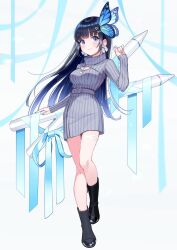 Rule 34 | 1girl, aoi nabi, black hair, blue eyes, bow, bow earrings, butterfly hair ornament, earrings, giant, grey sweater, hair ornament, hairclip, highres, indie virtual youtuber, jewelry, long hair, looking at viewer, nail polish, shigure ui, smile, solo, stylus, sweater, virtual youtuber
