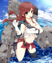 Rule 34 | 10s, 1girl, black thighhighs, braid, breasts, brown hair, cloud, damaged, day, gloves, green eyes, highres, kantai collection, large breasts, long hair, machinery, mecha musume, midriff, navel, noshiro (kancolle), ocean, open mouth, plan (planhaplalan), radar, school uniform, serafuku, single thighhigh, skirt, sky, solo, thighhighs, torn clothes, twin braids, water, white gloves