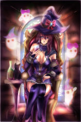 Rule 34 | 1girl, alcohol, black cat, bottle, bracelet, breasts, castle, cat, chair, cleavage, clothes, crossed legs, cup, dress, drinking glass, earrings, ghost, glass, hat, high heels, holding, jewelry, large breasts, lips, lipstick, long hair, looking at viewer, makeup, mature female, on chair, original, penzoom, purple eyes, purple hair, ribbon, room, sitting, skirt, smile, sunlight, table, window, wine, wine bottle, wine glass, witch, witch hat