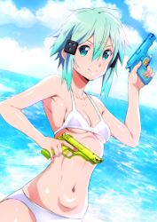 Rule 34 | 1girl, absurdres, bikini, blue sky, breasts, closed mouth, cloud, collarbone, commentary request, day, dual wielding, green eyes, green hair, hair between eyes, hair ornament, highres, holding, holding water gun, island (kossori), looking at viewer, navel, ocean, short hair, sinon, sky, small breasts, smile, solo, stomach, swimsuit, sword art online, trigger discipline, water gun, white bikini