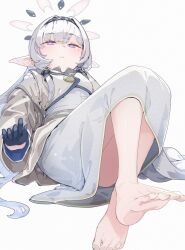 Rule 34 | 1girl, ass, barefoot, black gloves, black hairband, blue archive, closed mouth, dress, feet, foot focus, foreshortening, gloves, grey hair, grey halo, hair tubes, hairband, halo, highres, himari (blue archive), hoshi umi, jacket, long hair, long sleeves, looking at viewer, mole, mole under eye, pointy ears, purple eyes, sidelocks, simple background, soles, solo, striped clothes, striped hairband, toes, white background, white dress, white jacket