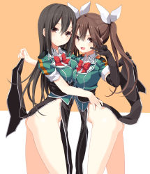 Rule 34 | &gt;:d, 10s, 2girls, :d, ass, black gloves, black hair, blush, bottomless, bow, bowtie, breasts, brown eyes, brown hair, chikuma (kancolle), clothes lift, dress, dress lift, elbow gloves, fang, gloves, hair between eyes, hair ribbon, highres, kantai collection, long hair, looking at viewer, multiple girls, no panties, ogadenmon, open mouth, pelvic curtain, remodel (kantai collection), ribbon, simple background, single glove, smile, tone (kancolle), twintails, v, v-shaped eyebrows