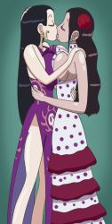 Rule 34 | 2girls, black hair, boa hancock, breast press, breasts, cleavage, dress, closed eyes, french kiss, kiss, large breasts, long dress, long hair, multiple girls, one piece, symmetrical docking, tongue, tongue out, viola (one piece), yuri