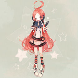 Rule 34 | 1girl, ahoge, bad id, bad pixiv id, belt, boots, dress, female focus, full body, gloves, headphones, headset, kneehighs, long hair, one eye closed, pechika, red eyes, red hair, sf-a2 miki, smile, socks, solo, star (symbol), striped clothes, striped gloves, striped socks, thighhighs, very long hair, vocaloid, wink, wrist cuffs